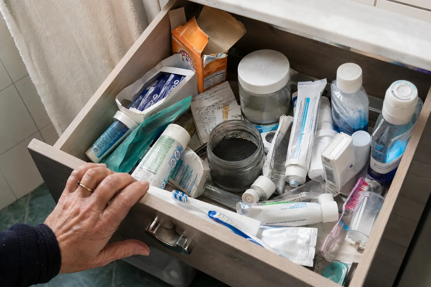 Cassetto pieno di tentativi abbandonati per sbiancare i denti